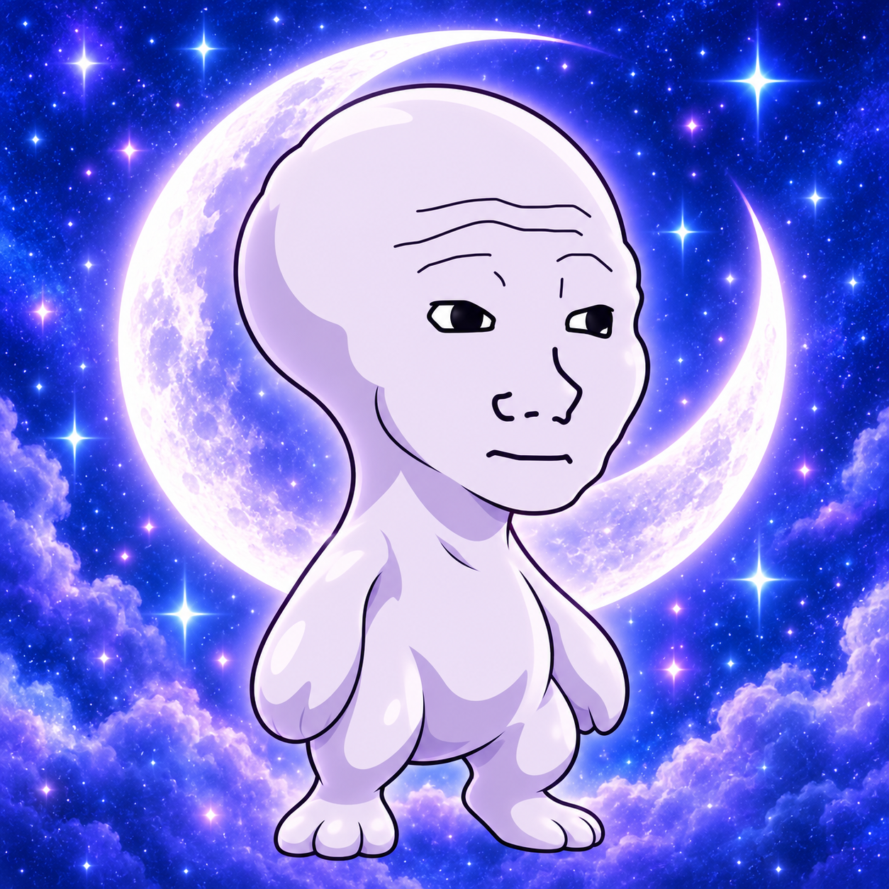 Lavender cosmic character standing before a glowing crescent moon